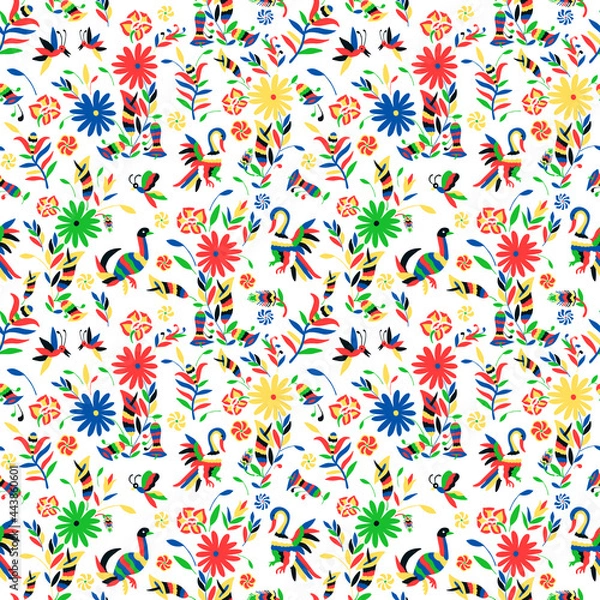 Fototapeta Seamless pattern with animal and floral ornament in the style of Mexican otomi embroidery