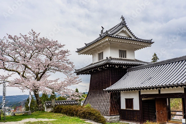 Fototapeta 春の岩村城太鼓櫓と表御門
