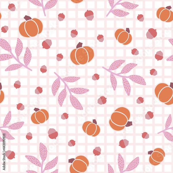 Obraz Autumn Acorns, Pumpkins, and Leaves on Gingham Background Seamless Pattern
