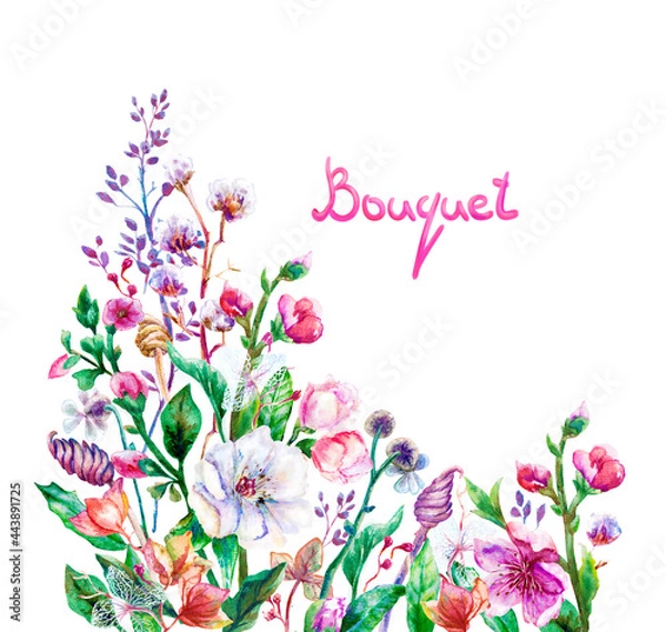 Obraz Floral frame design.Colorful branches and flowers: peon, cotton, and other fancy plants isolated with white background. Cute composition for card, postcard, invitation, save the date.