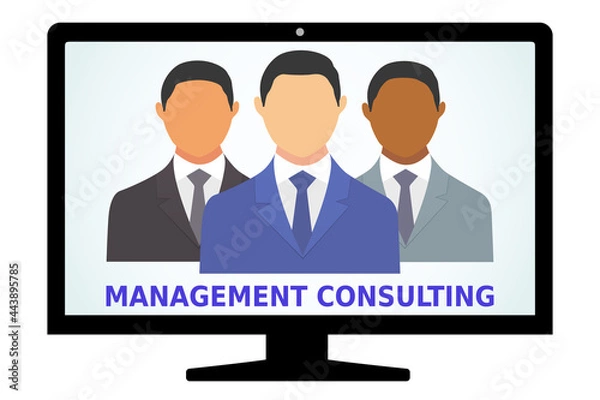 Fototapeta Management consulting illustration vector isolated on white. Cartoon business people in different suit dress with monitor. Teamwork concept.