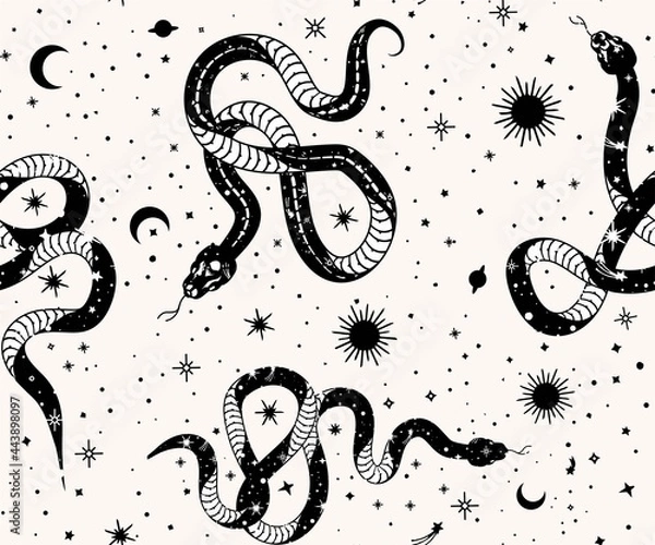 Fototapeta seamless Patterns Alchemy esoteric mystical magic heavenly talisman with snake, sun, stars sacred geometry isolated. The object of spiritual occultism.
