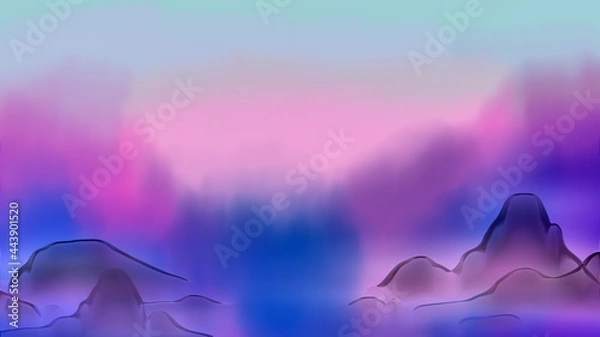 Obraz hand painted landscape with mountains and sky colored in purple violet and dark blue 