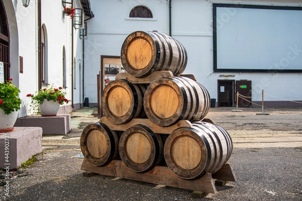 Fototapeta A pile of barrels standing on the yard of brewery in Zwierzyniec, Poland