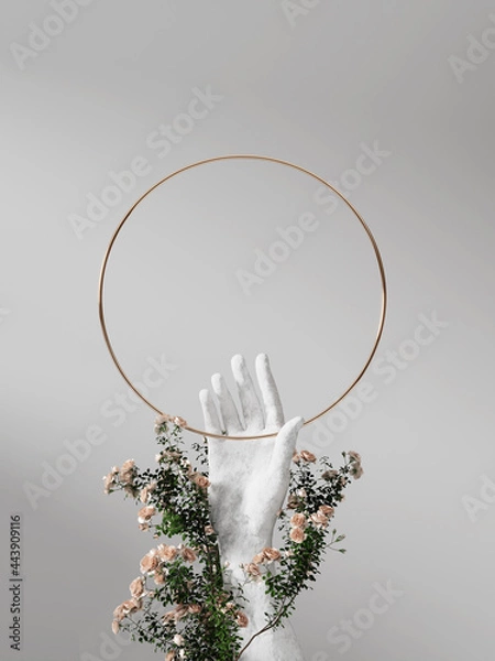 Fototapeta 3D background round frame display, stone hand sculpture. Nature rose flower blossom. White feminine summer and spring showcase, beauty product, cosmetic promotion or text. Abstract  mockup 3D render
