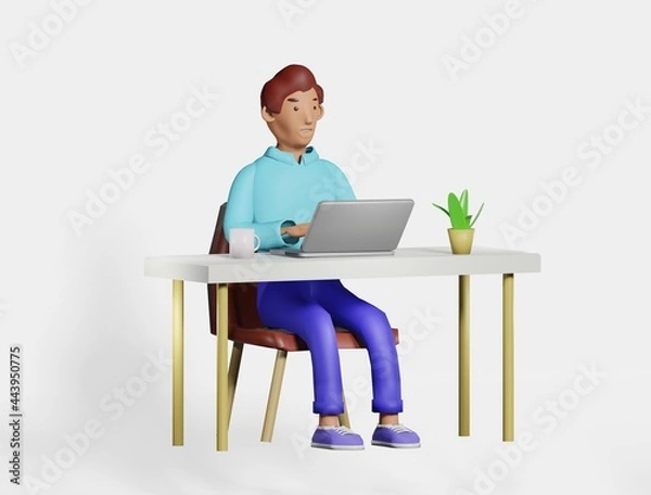 Fototapeta Illustration 3D character man at the desk office, home working using laptop.Smiling character freelancer, businessman working, cartoon style render