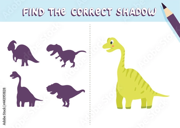 Obraz Find the correct shadow. Cute dinosaur. Educational game for kids. Collection of children's games. Vector illustration in cartoon style