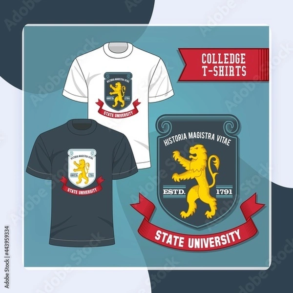 Fototapeta T-shirts decorative icons set with college university golden lion labels vector illustration