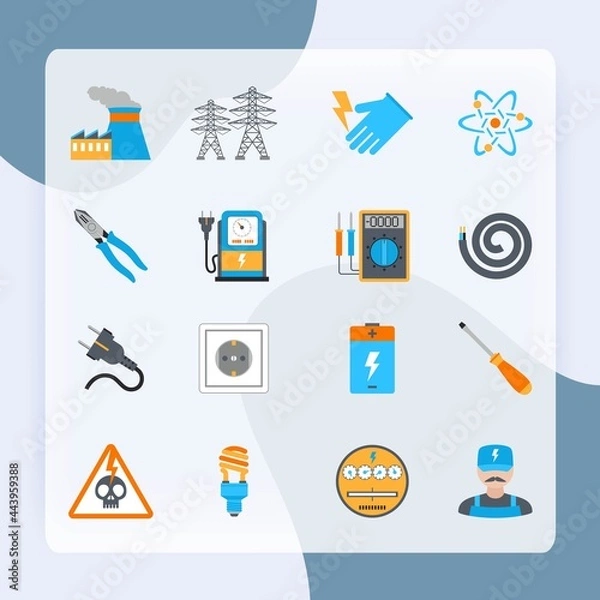 Fototapeta Electricity icons set with voltmeter wire screwdriver electrician warning sign isolated vector illustration