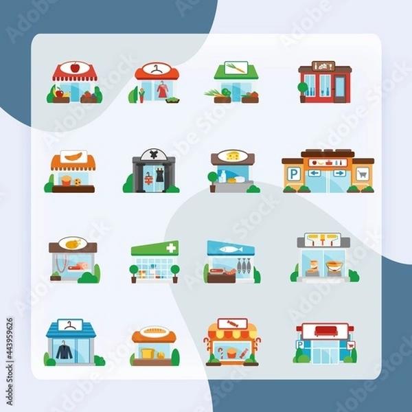 Fototapeta Store and shop buildings commercial restaurants flat icons set isolated vector illustration