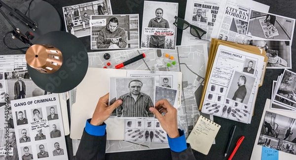 Fototapeta Detective is studying a file of a criminal group. He looks at the photo of crime