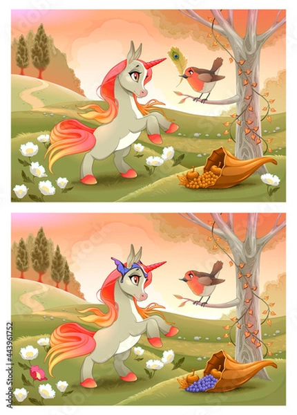 Fototapeta Spot the differences. Two images with six changes between them, vector and cartoon illustrations