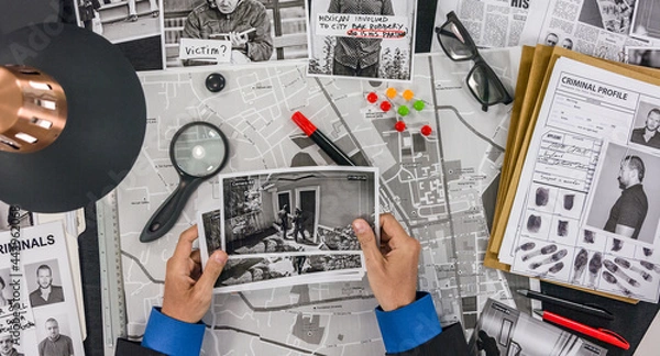 Fototapeta Detective to look at the tablet photos of criminals who recorded a hidden camera
