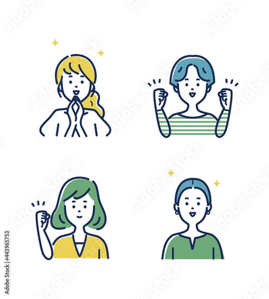 Fototapeta 若い女性の表情とジェスチャーのイラスト素材セット