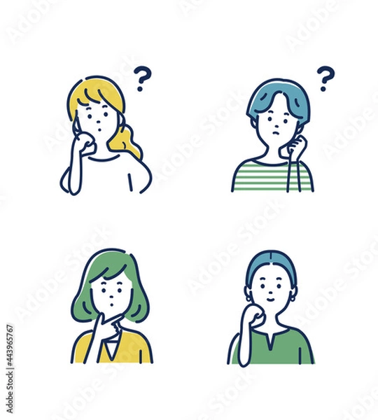 Fototapeta 若い女性の考える表情とジェスチャーのイラスト素材セット