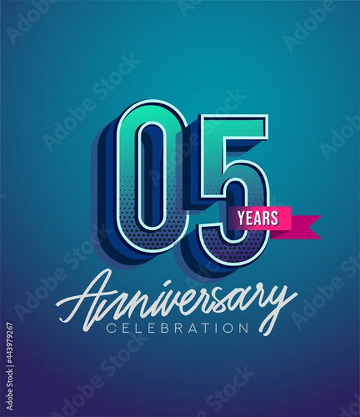 Fototapeta 5th Anniversary Logo Design With Ribbon, Elegant Anniversary Logo With Blue Color, Design for banner and invitation card of anniversary celebration.