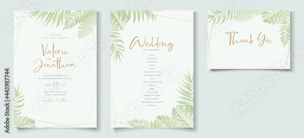 Fototapeta Wedding invitation template with tropical leaf design