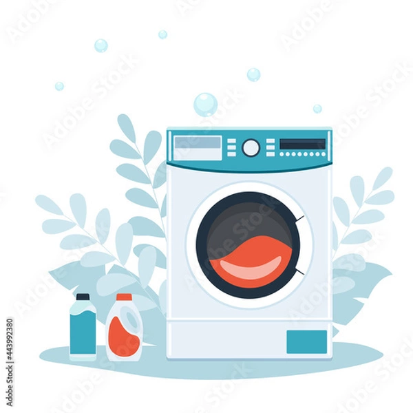 Obraz Washing machine with bubbles. Flat style vector illustration.