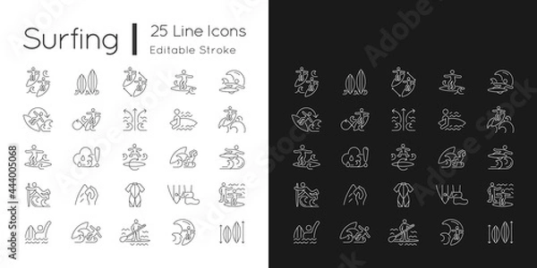 Fototapeta Surfing linear icons set for dark and light mode. Recreational activity. Catching waves and learning tricks. Customizable thin line symbols. Isolated vector outline illustrations. Editable stroke