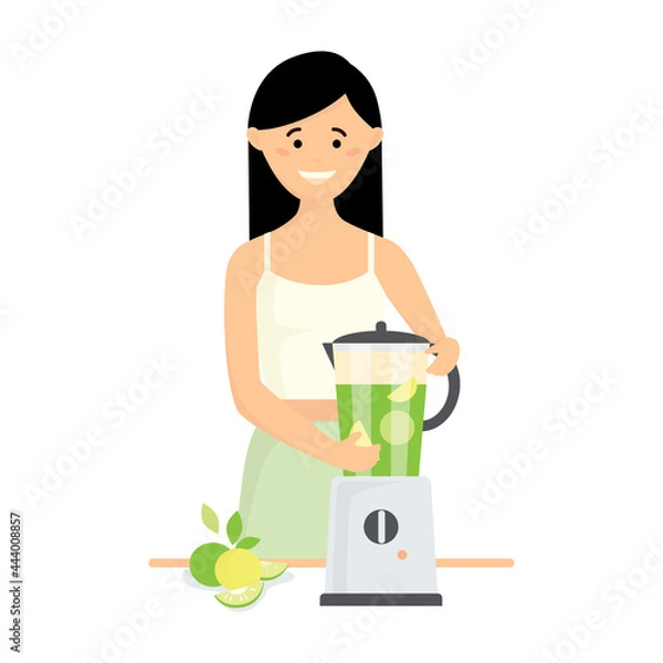 Fototapeta A young smiling girl uses a juicer. Fresh lime smoothie. Flat vector illustration isolated on white background
