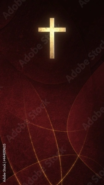 Fototapeta Golden Christian Cross on liturgic red vertical copy space banner background. 3D illustration for online worship during the passion for Christ, Confirmation, Good Friday, Palm Sunday, and Pentecost.