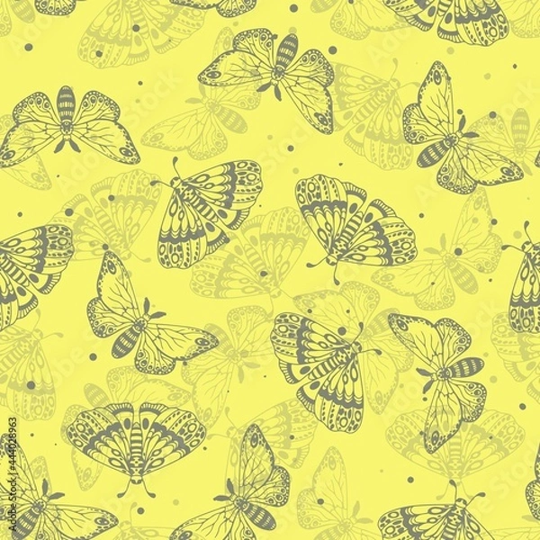 Fototapeta Yellow pattern from gray beautiful butterflies. Insects seamless pattern. Vector illustration
