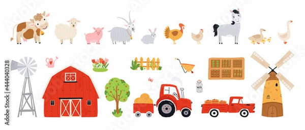 Fototapeta Set farm elements. Collection farm animals in a flat style. Illustration with pets cow, horse, pig, goose, rabbit, chicken, turkey, goat, sheep, barn, mill, tractor isolated white background. Vector