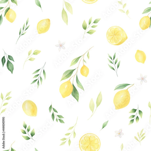 Fototapeta Watercolor lemon citrus leaves seamless pattern. Hand-painted lemons background with greenery for textile, covers, fabric. 