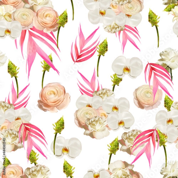 Obraz Rose pattern white wedding isolated rose orchid ranunculus palm
