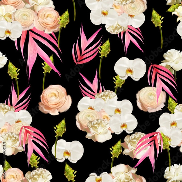 Obraz Rose pattern white wedding isolated rose orchid ranunculus palm