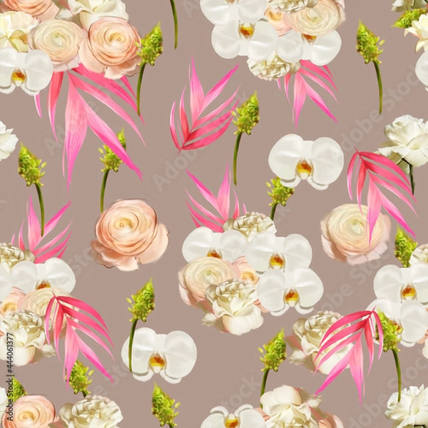 Obraz Rose pattern white wedding isolated rose orchid ranunculus palm