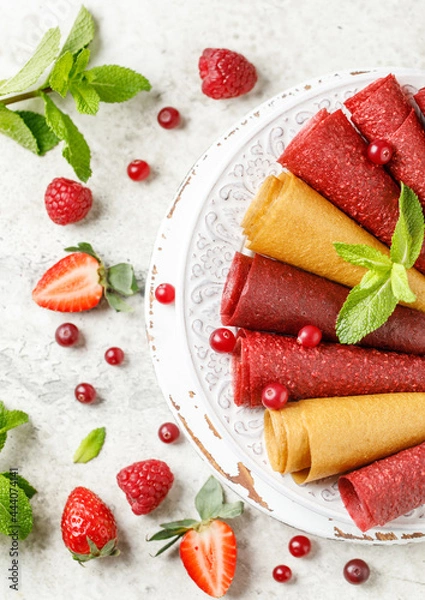 Obraz Fruit marshmallow. Berry pastille on white background. Pastille fruit rolls  
