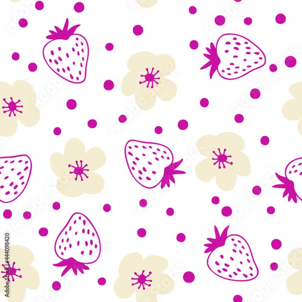 Fototapeta Doodle style strawberries and flowers vector seamless pattern. Design for T-shirt, textile and prints. Hand drawn illustration for decor and design.
