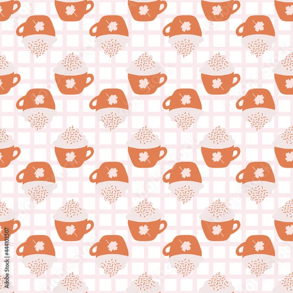 Obraz Fall Orange Pumpkin Spice Latte Coffee Seamless Pattern On Gingham Background