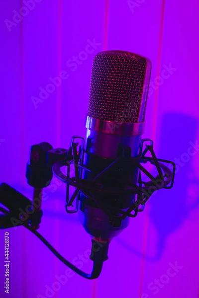 Fototapeta Close the studio condenser microphone with antivibration support real-time with blue and red backlight. Zoomed view, close-up.