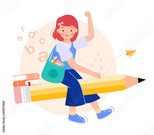 Fototapeta Happy girl sitting on pencil with school bag, get ready for studying and working. Teenager riding on stationary. Back to school or creative thinking concept. Flat vector illustration.