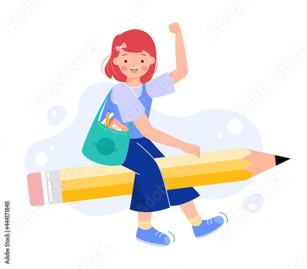 Fototapeta Happy girl sitting on pencil with school bag, get ready for studying and working. Teenager riding on stationary. Back to school or creative thinking concept. Flat vector illustration.