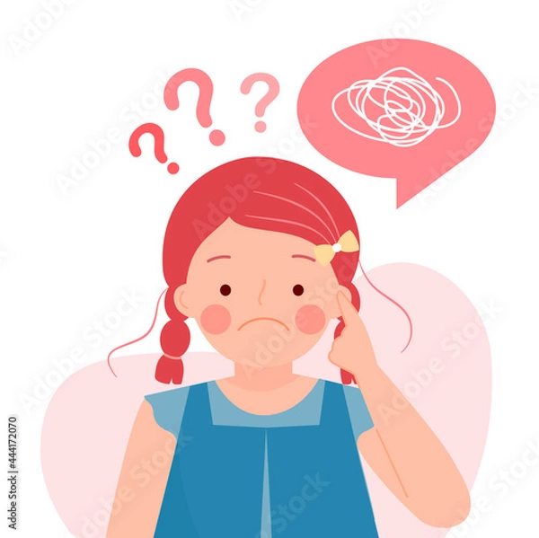 Fototapeta Confused girl thinking and asking question with question marks. Student in doubt, do not understand and be worried. Flat vector illustration.