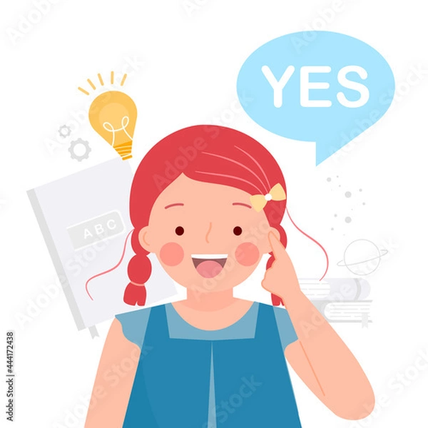 Fototapeta Girl pointing with thinking process. Get idea and study at school or homeschooling. Point finger at lightbulb. Creative learning. Flat vector illustration isolated on white background.