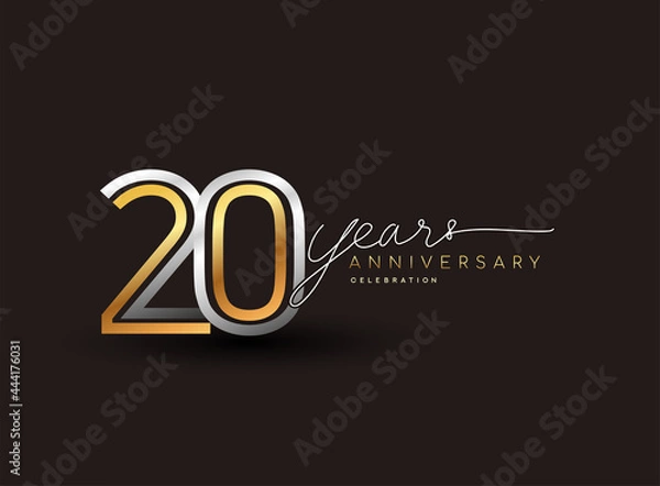Fototapeta 20th years anniversary logotype with multiple line silver and golden color isolated on black background for celebration event.