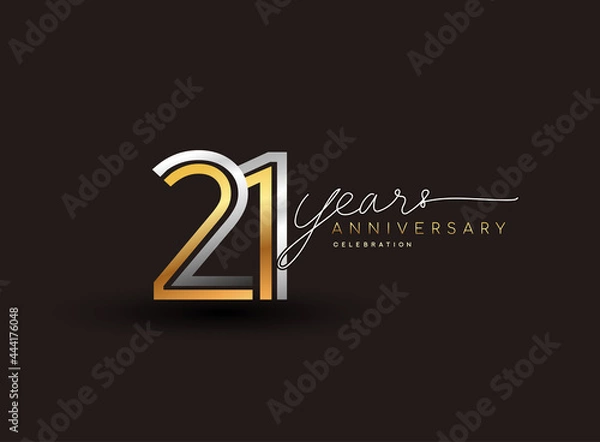 Fototapeta 21st years anniversary logotype with multiple line silver and golden color isolated on black background for celebration event.