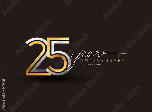 Fototapeta 25th years anniversary logotype with multiple line silver and golden color isolated on black background for celebration event.