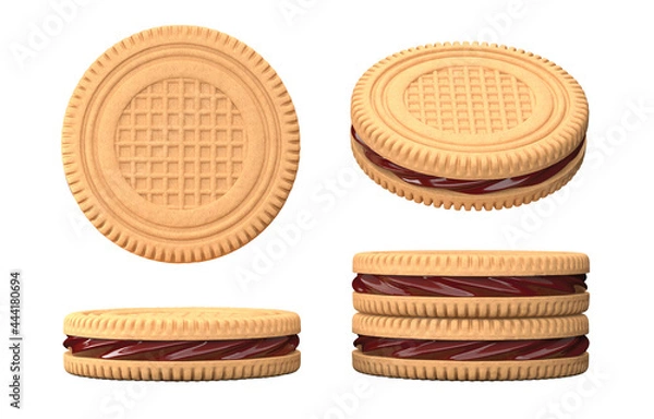 Fototapeta Realistic 3D illustration of white cookies with chocolate filling from different sides on white background