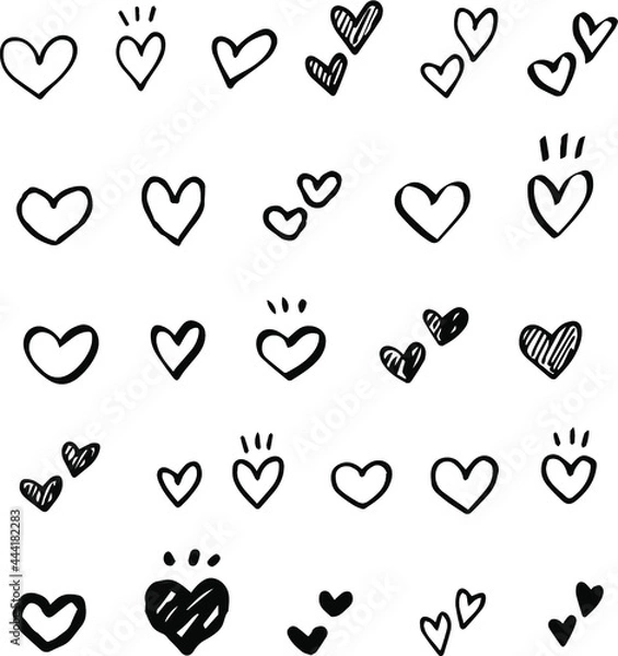 Fototapeta かわいい手描きのハート詰め合わせ　スケッチ　白黒