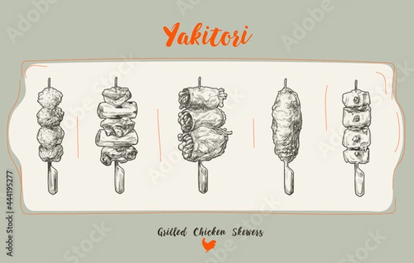 Obraz Hand-drawn vector illustration of Japanese grill skewered chicken. lines and dots with single color, hand sketch style.