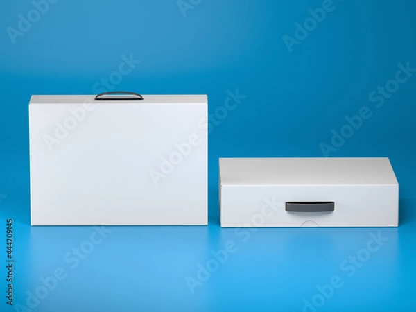 Fototapeta blank white carton Box With Handle Mockup. Package carton box for branding LED, monitor, display, laptop, notebook, TV, computer, tablet, Video game console and etc. isolated, 3d render