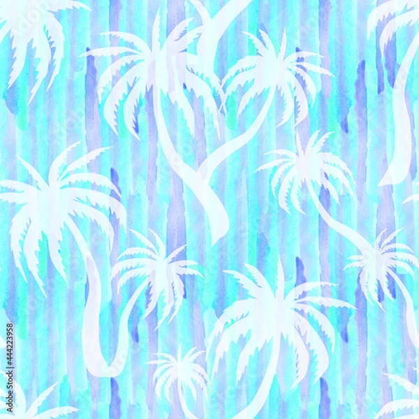 Fototapeta Palm tree silhouettes seamless pattern. Summer exotic tropical print. Jungle blue watercolor background.