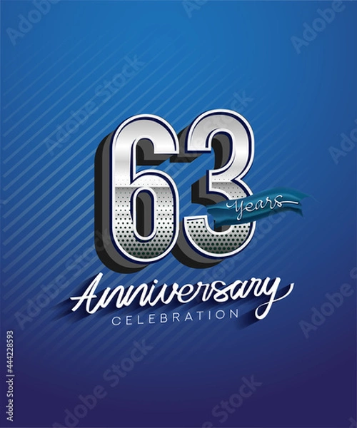 Fototapeta 63rd years anniversary celebration logotype with silver color and blue ribbon isolated on blue background