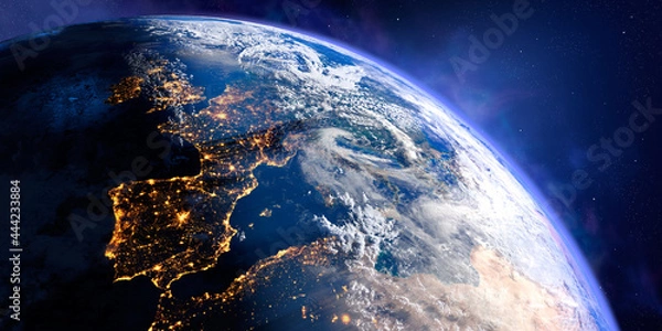 Fototapeta Planet Earth with exaggerated precise relief and volumetric atmosphere. Day-night transition. Europe. Spain and Portugal in the foreground. 3D rendering. Elements of this image furnished by NASA