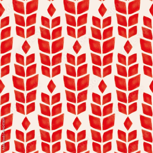 Fototapeta Vector red leaves flowers folk ecru repeat pattern